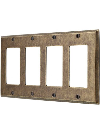 Traditional Forged Brass Quad Gang GFI Cover Plate in Antique Brass.